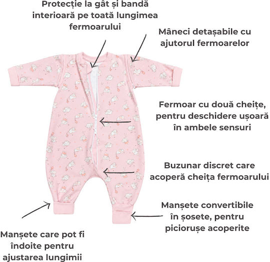 Kidizi Spring Sleeping Bag with Legs Elefun 1 Tog Pink with Detachable Sleeves