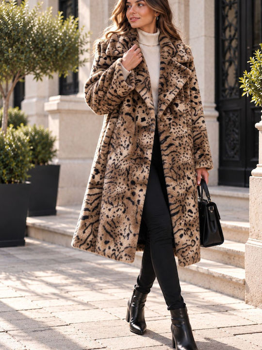 Denim Damen-Leopardenmantel in Schwarz mit Details aus Fell