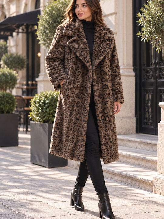 Denim Damenmantel mit Leopardenmuster in Beige und Pelzdetails