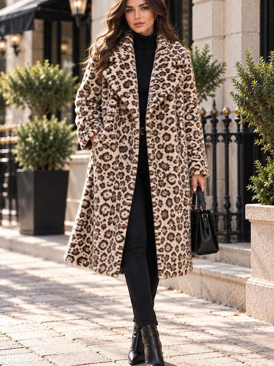Jeansstoff Damenmantel mit Leopardenmuster in Beige und Pelzdetails