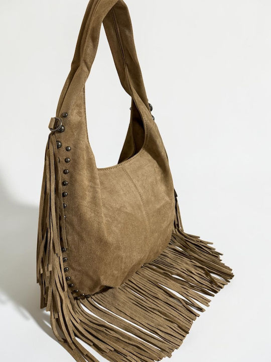 Women's Suede Shoulder Bag with Beige Fringes