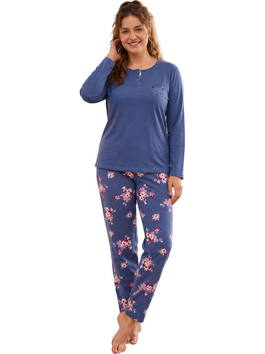 Asel Winter-Damenpyjama-Set Blau-Royalblau
