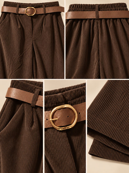 Women's High-Waisted Brown Corduroy Trousers with Elastic Waistband in Slim Fit
