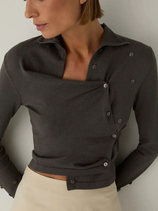 Long Women's Knitted Cardigan with Buttons Grey