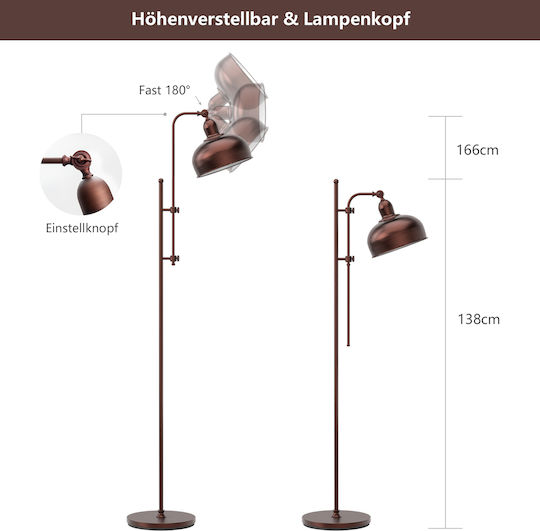 Costway Vintage Floor Lamp H166 x L43 cm with E27 Bulb Socket Copper