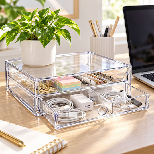 Femmit Transparent 2-Drawer Organizer 22x18x9cm – Organizing Cosmetics, Jewelry, Office Supplies & Small Items
