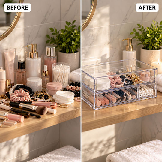 Femmit Transparent 2-Drawer Organizer 22x18x9cm – Organizing Cosmetics, Jewelry, Office Supplies & Small Items
