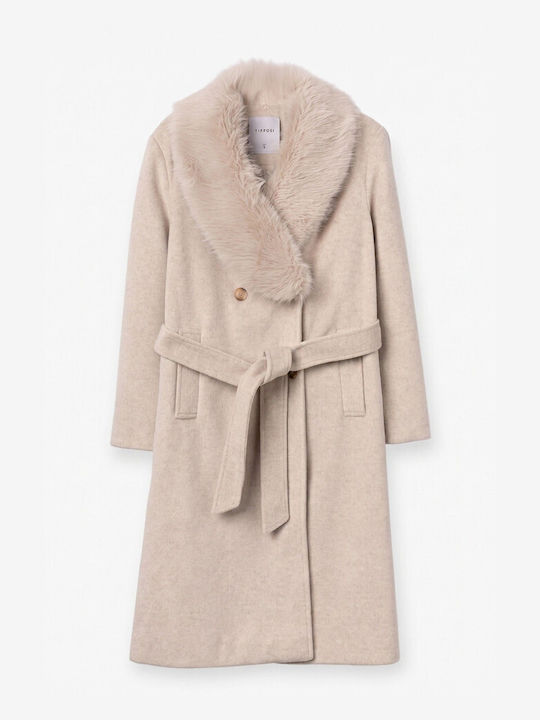 Women's Ecru Coat with Fur Details