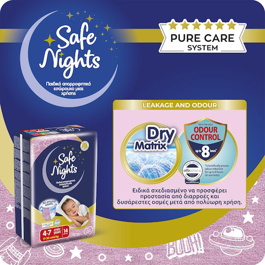 Детско Абсорбиращо Нощно Бельо за Момичета на 4–7 Години (17–30 kg) Safe Nights – 14 бр. / Нощни Памперси с Екстра Попиваемост