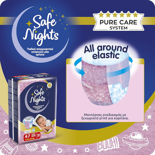 Детско Абсорбиращо Нощно Бельо за Момичета на 4–7 Години (17–30 kg) Safe Nights – 14 бр. / Нощни Памперси с Екстра Попиваемост