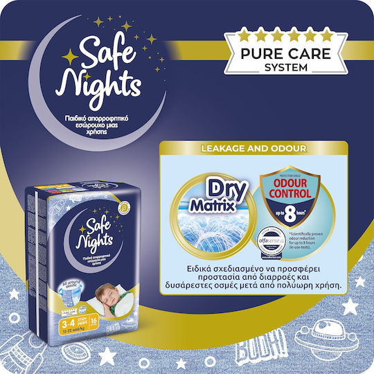 Детски Нощни Абсорбиращи Гащички за Момчета на 3–4 Години (12–22 kg) Safe Nights – 16 бр. / Нощни Памперси с Екстра Абсорбираща Способност