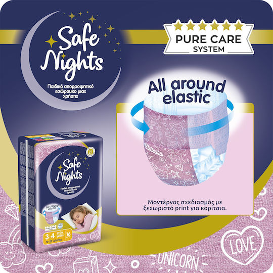 Детско Абсорбиращо Нощно Бельо за Момичета на 3–4 години (12–22 kg) Safe Nights – 16 бр. / Нощни Памперси с Допълнителна Абсорбираща Способност