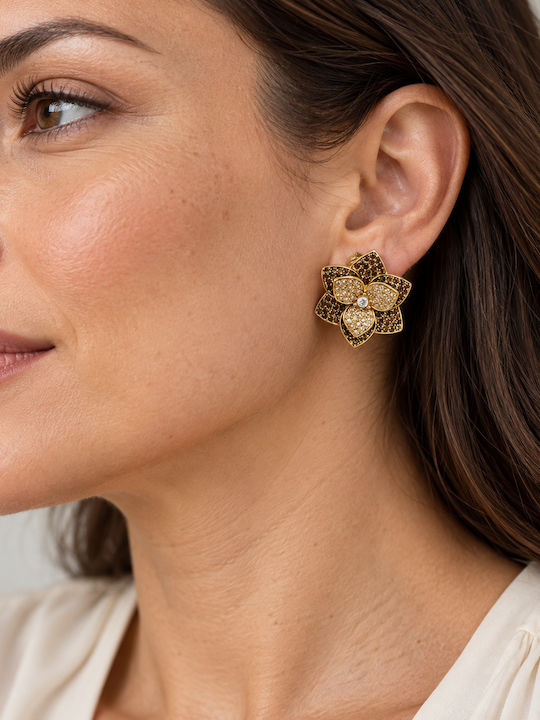 Women's Flower Earrings Steel Brown Clear Stones – Gold Tone Women's Flower Earrings Steel Brown Clear Stones – Gold Tone