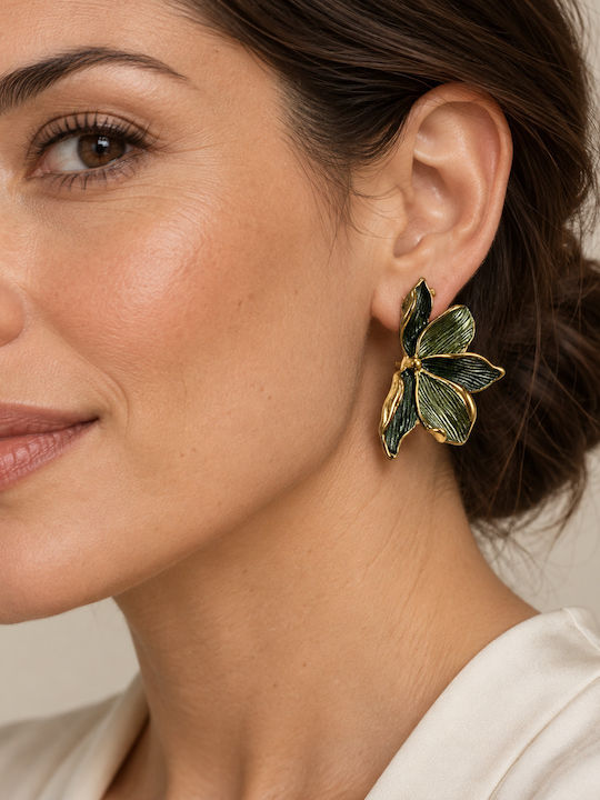 Women's Stud Flower Earrings Steel – Dark Green with Gold Details Women's Stud Flower Earrings Steel – Dark Green with Gold Details