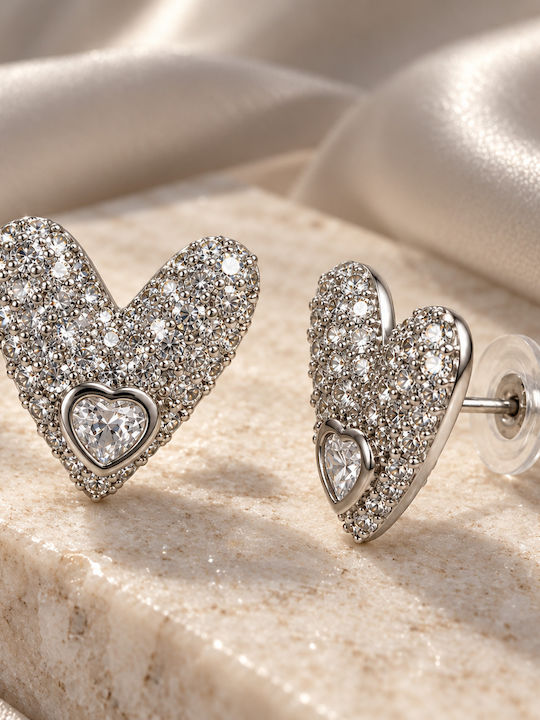 Women's Stud Heart Earrings Stainless Steel with Stones – Silver Women's Stud Heart Earrings Stainless Steel with Stones – Silver