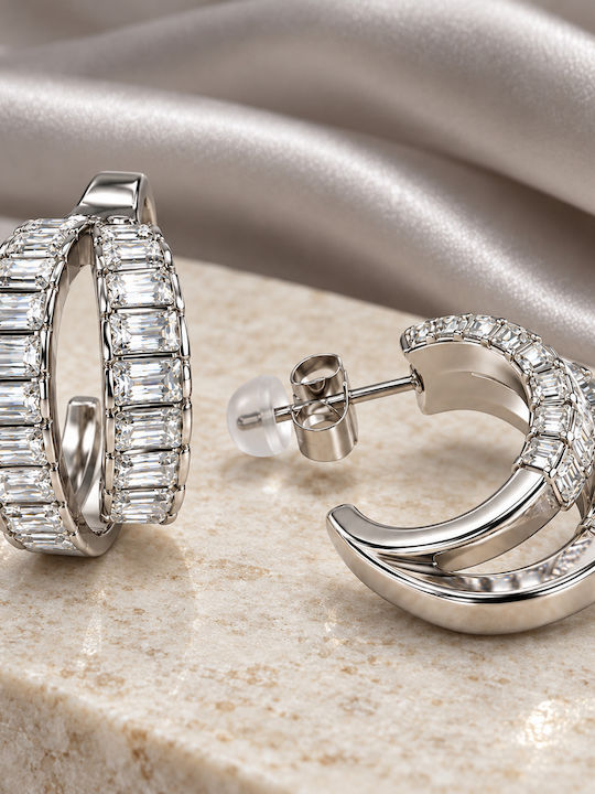 Women's Double Hoop Earrings Steel Baguette Stones – Silver Women's Double Hoop Earrings Steel Baguette Stones – Silver