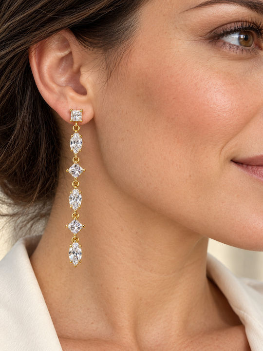 Women's Long Dangle Earrings Steel Clear Stones – Gold