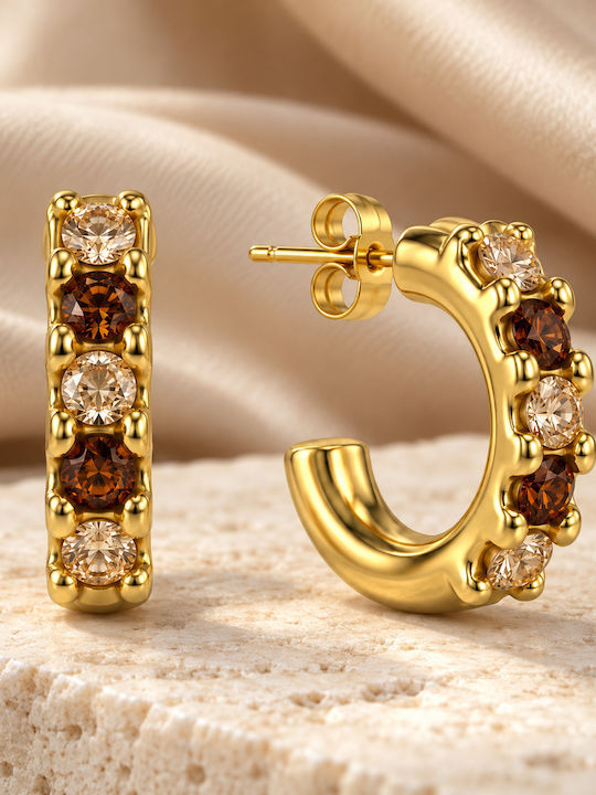 Women's Hoop Earrings Steel Brown Champagne Stones – Gold Tone
