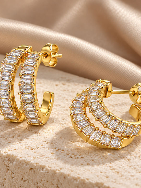 Women's Earrings Double Hoop Steel Baguette Stones – Gold Tone Women's Earrings Double Hoop Steel Baguette Stones – Gold Tone