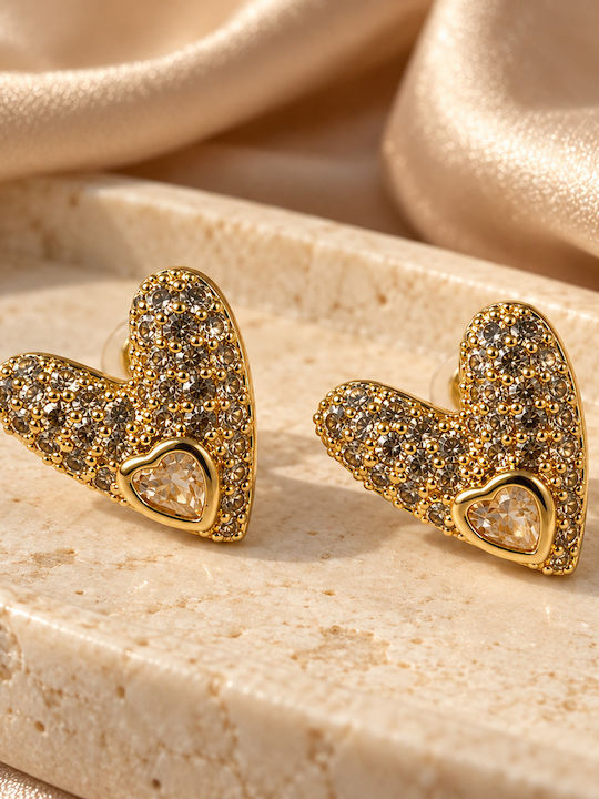 Women's Stud Heart Earrings Steel Stones – Gold Tone Women's Stud Heart Earrings Steel Stones – Gold Tone