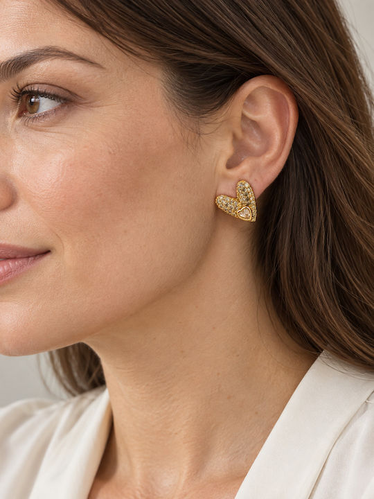 Women's Stud Heart Earrings Steel Stones – Gold Tone