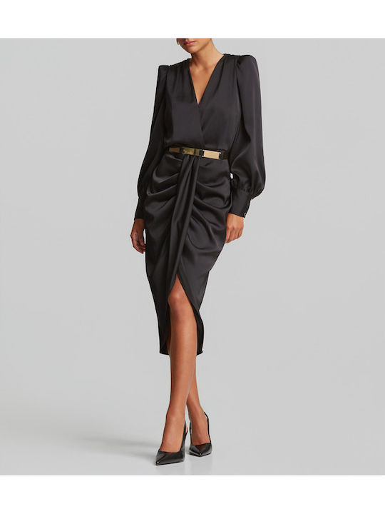 Summer Midi Evening Shirt Dress Satin Black