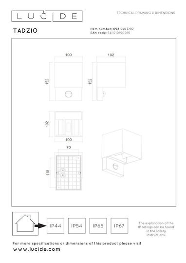 Lucide Lightning Wand-Außenleuchte IP65 10,2 x 10 x 15,1 cm Lucide Lightning Wand-Außenleuchte IP65 10,2 x 10 x 15,1 cm