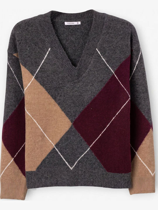 Damenbluse mit V-Ausschnitt Dark Grey With Beige And Burgundy