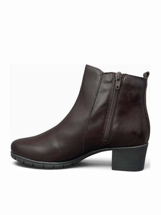 Leather Women's Ankle Boots with Medium Heel Marron