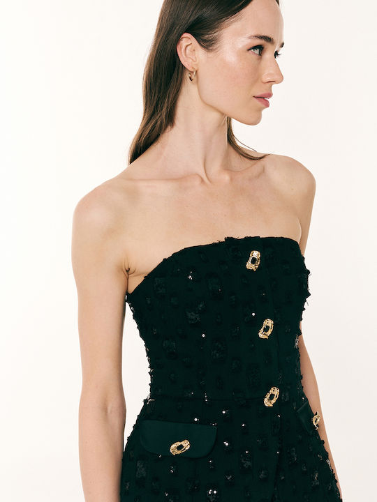 Midi Βραδινό Φόρεμα Σεμιζιέ Strapless Σατέν Μαύρο