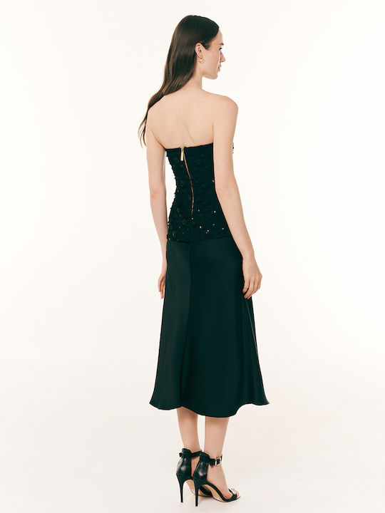 Midi Βραδινό Φόρεμα Σεμιζιέ Strapless Σατέν Μαύρο