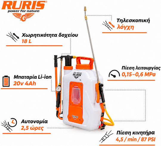 Ruris Rse 1800pro – 18 L Electric Backpack Sprayer 6 Bar Telescopic Lance Battery Not Included
