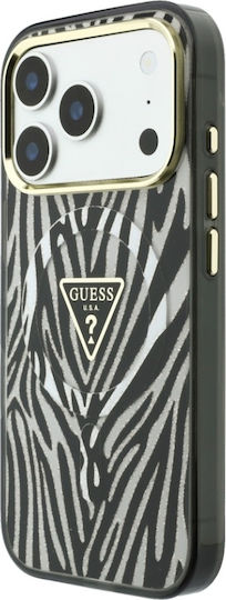Hülle Für iPhone 18 Pro Max / iPhone 17 Pro Max – Guess Zebra Glitter Mit Dreieck-Logo, MagSafe – Schwarz/Silber