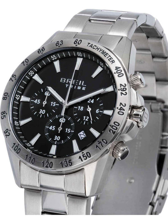 Men's Battery-Powered Chronograph Watch with Silver Stainless Steel Bracelet