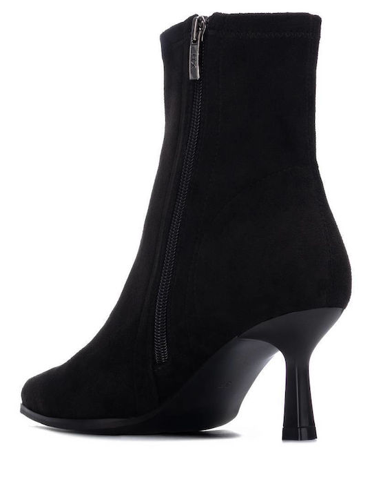 Vegan Suede Γυναικεία Μποτάκια με Μεσαίο Τακούνι Μαύρο