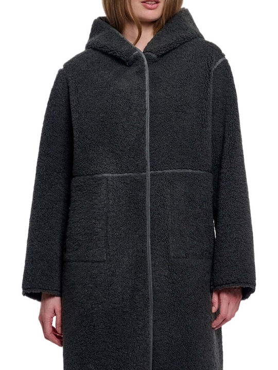 Bouclé Women's Coat Urban Teal with Fur Details