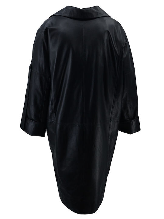 Damen-Lederhalbmantel Black mit Knöpfen