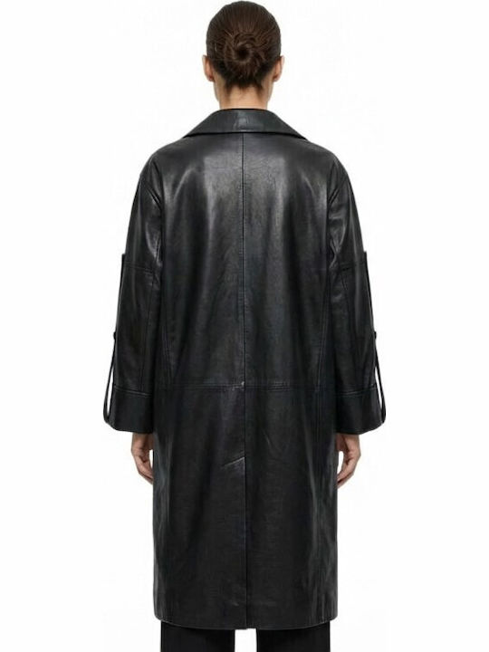 Damen-Lederhalbmantel Black mit Knöpfen
