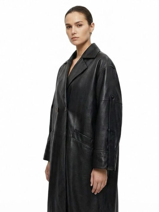 Damen-Lederhalbmantel Black mit Knöpfen