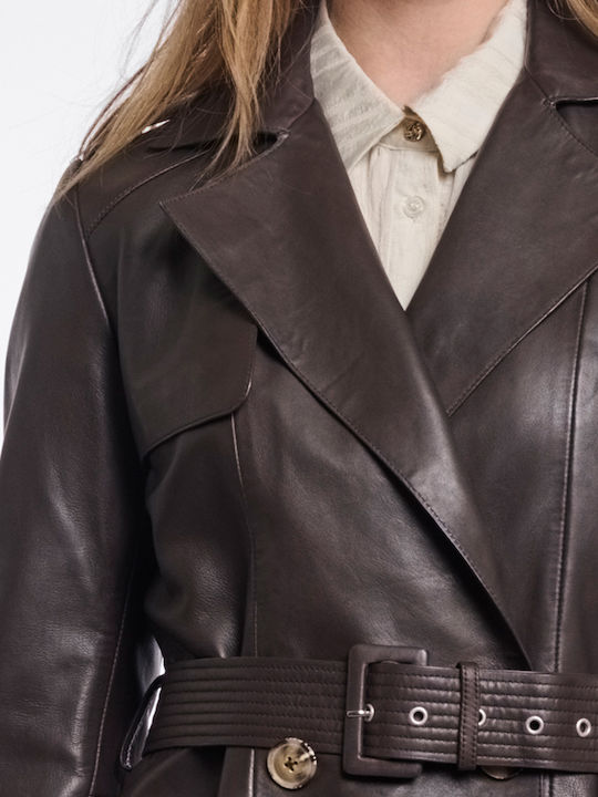 Leather Women's Coffee Roast Trench Coat