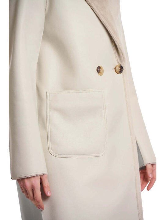 Women's Ecru Coat with Fur Details