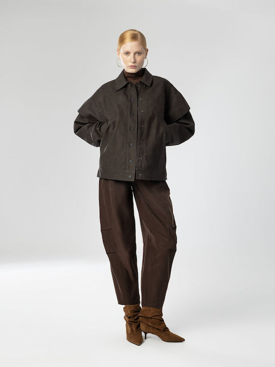 Moutaki Long Women's Leather Blazer Brown