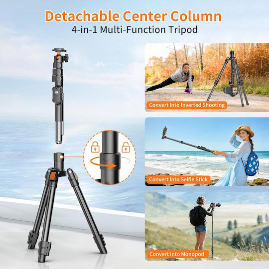 Telescopic Camera Tripod 191 Cm Tall 360° Panoramic Head Bluetooth Usb-c Remote Detachable Legs Monopod Phone Holder Carrying Bag Aluminum 8 Kg Black