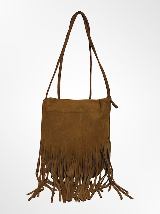 Women's Crossbody Suede Bag with Fringes in Tabac Brown