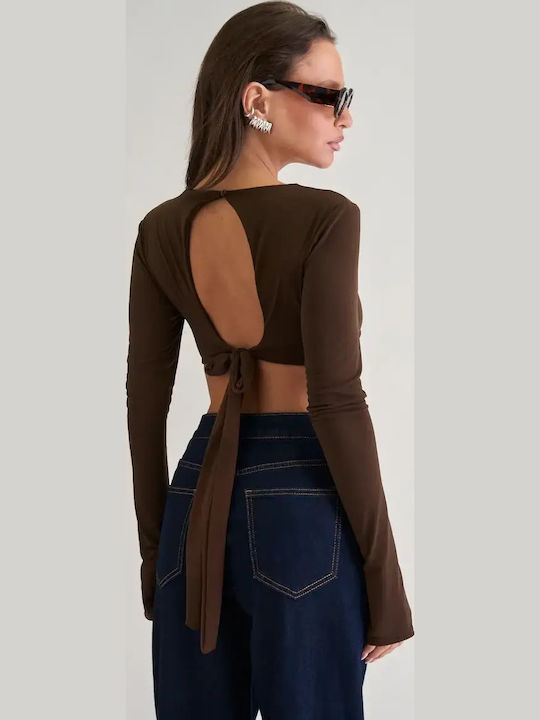 Γυναικείο Crop Top Μακρυμάνικο Καφέ