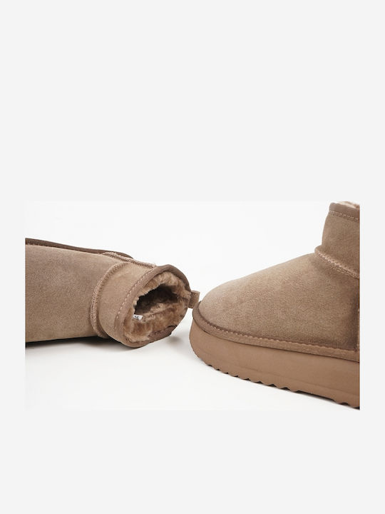 Wildleder Damen Stiefeletten mit Fell in Cognac