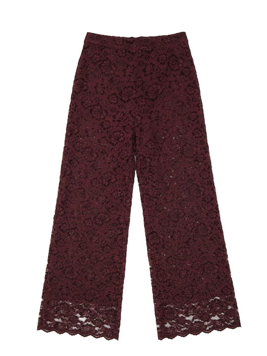 Women's High-Waisted Velvet Wide-Leg Trousers with Elastic Waistband, Loose Fit, Floral, Burgundy