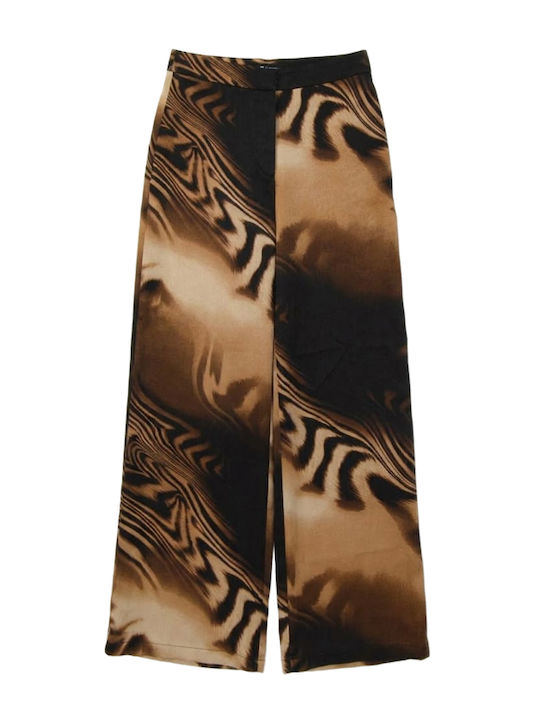 Women's High-Waisted Satin Trousers with Elastic Waistband in a Relaxed Fit Leopard Print Brown-Black-Beige