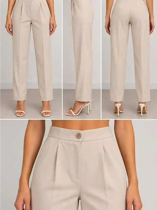Damen-Stoffhose mit Hohem Bund in Regulärer Passform, Zartbeige