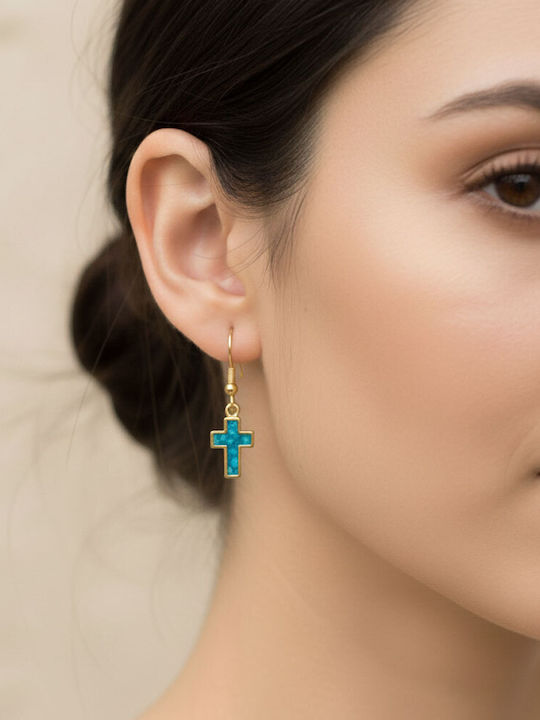 Steel Earrings Cross Blue Stone Gold